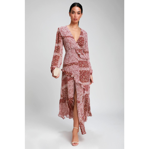 Lulus Dresses & Skirts - Lulus Maxi Dress Large Red Printed Field of Flowers Long Sleeve Ruffle V-Neck